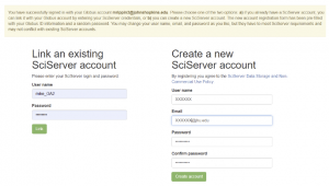 The SciServer page for linking Globus/organizational/Gmail/orcID accounts to SciServer IDs