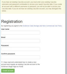 The SciServer new account registration form, asking for User name, Email, Password, and Confirm password