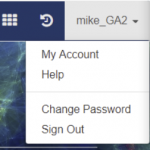 The SciServer Account menu, found in the upper-right corner of the Dashboard, contains links for My Account, Help, Change Password, and Sign Out