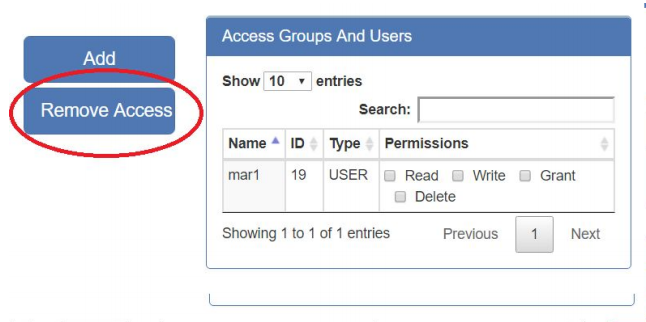Click the "remove access" button to unshare a user volume with a selected user or group