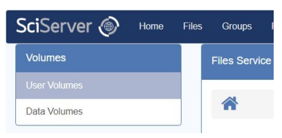 A screenshot of the SciServer volumes interface, allowing you to choose User Volumes or Data Volums