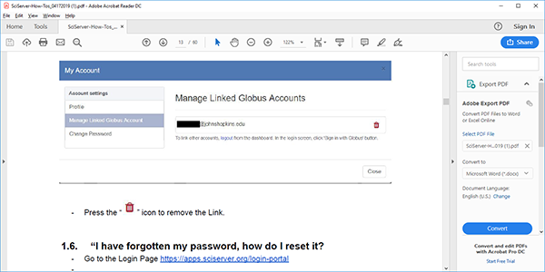 On SciServer's My Account control, the second link is "Manage Linked Globus Account." The control shows the account you linked, with a trash can icon to unlink