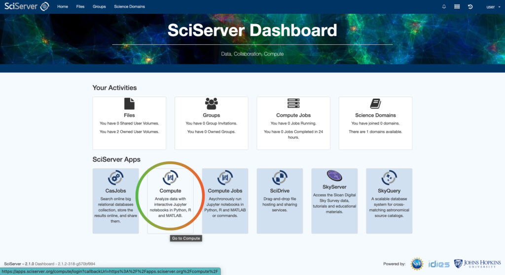 SciServer Dashboard - click Compute