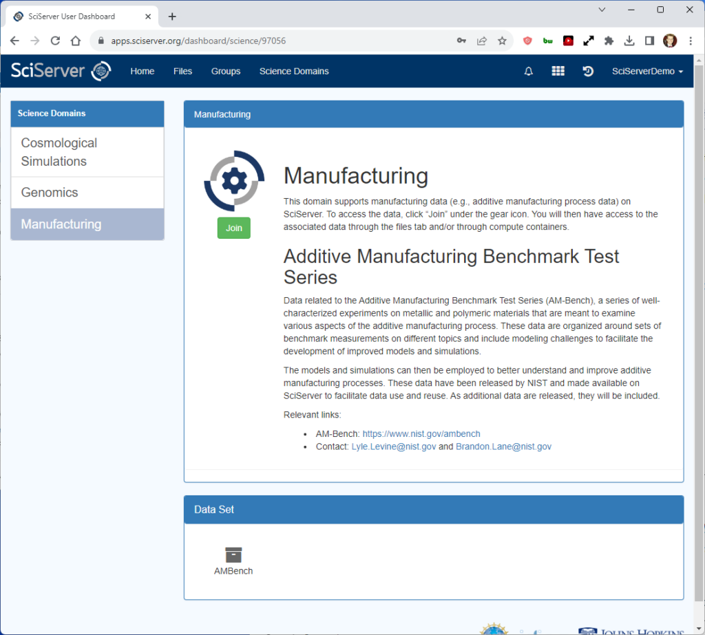 Screenshot of Manufacturing Science Domain page - click the Join button