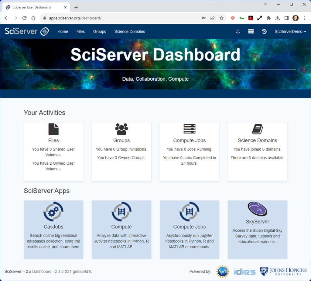 SciServer dashboard screenshot